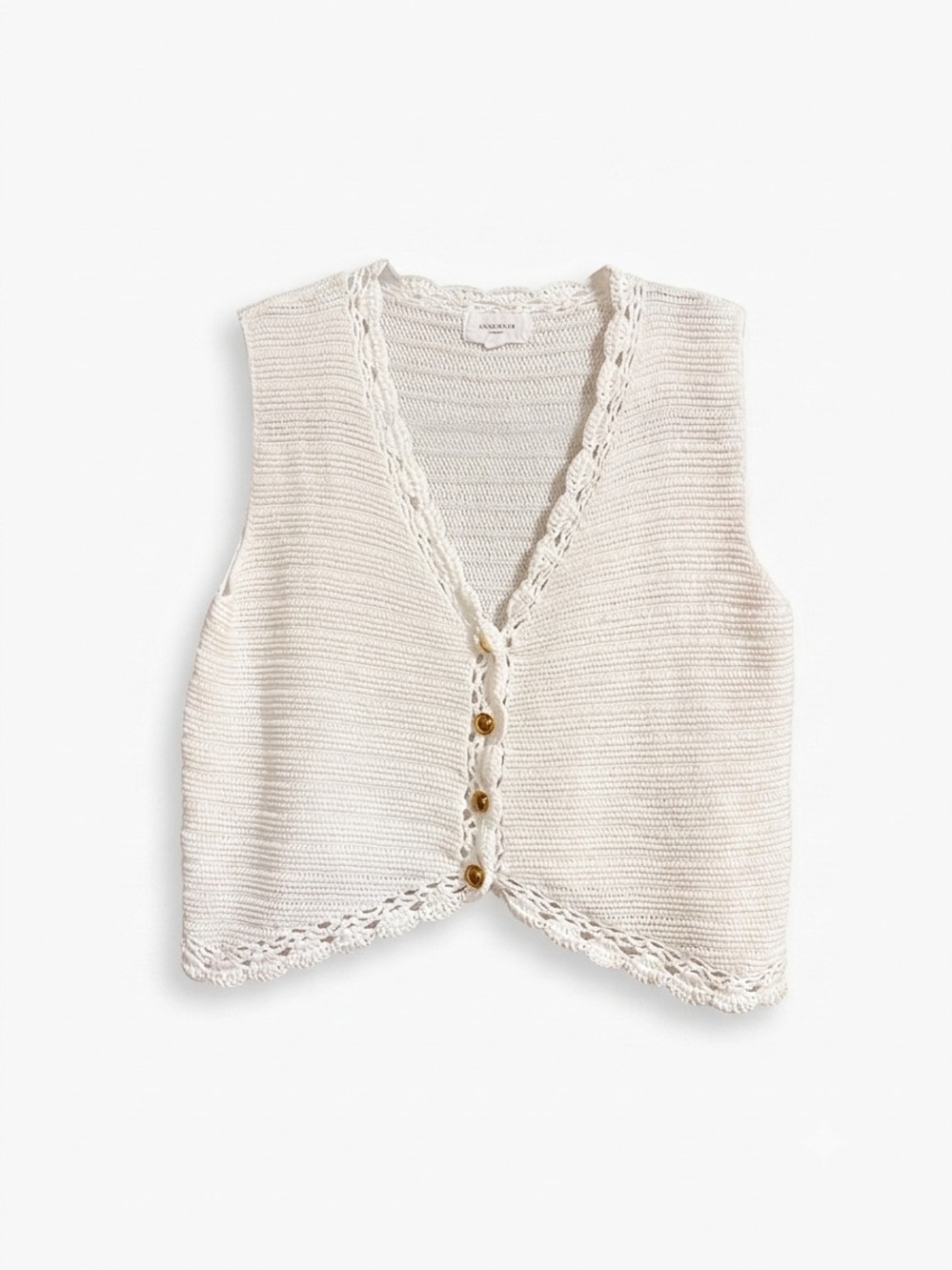 Anniewear Oatmeal Crochet Trim Button Down Knit Sweater Vest Size M